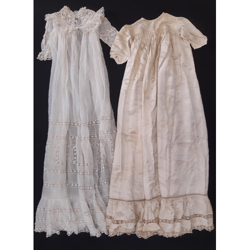 437 - A collection of early to mid 20th century textiles including 2 baby gowns both with lace inserts and... 