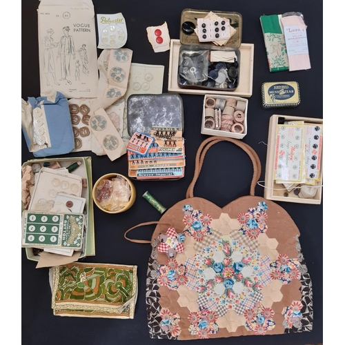 441 - A collection of vintage haberdashery including a patchwork sewing bag, buttons, silk threads, un-sta... 