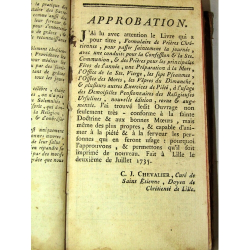 212 - Antiquarian French books including Daily Prayers (1735) Corinne (1851) Complete Works of De Beranger... 