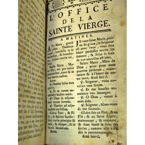 212 - Antiquarian French books including Daily Prayers (1735) Corinne (1851) Complete Works of De Beranger... 