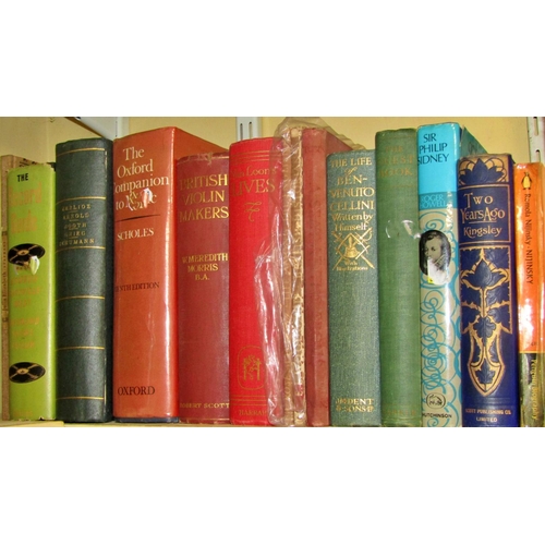 Collection of books relating to music & theatre (13 volumes) including Cellini autobiography (1926) British Violin Makers (1920) Two Years Ago by Charles Kingsley (1899)