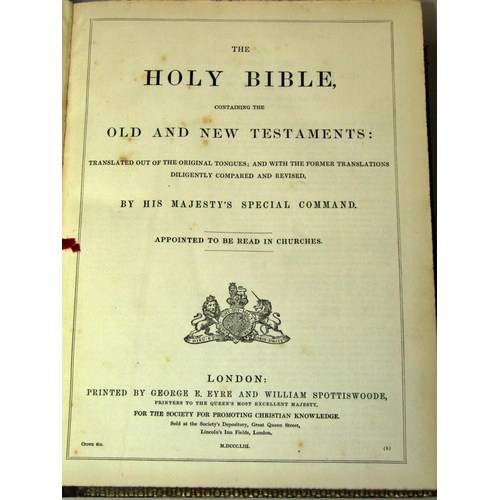 249 - Holy King James Bible 1853, heavily embossed binding (damaged) illustrated