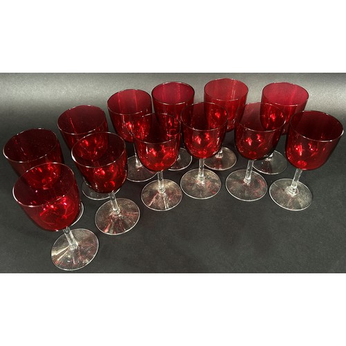 1127 - A good selection of Festive Red Cranberry glass ware, including twelve wine glasses, vases, tumbler,... 