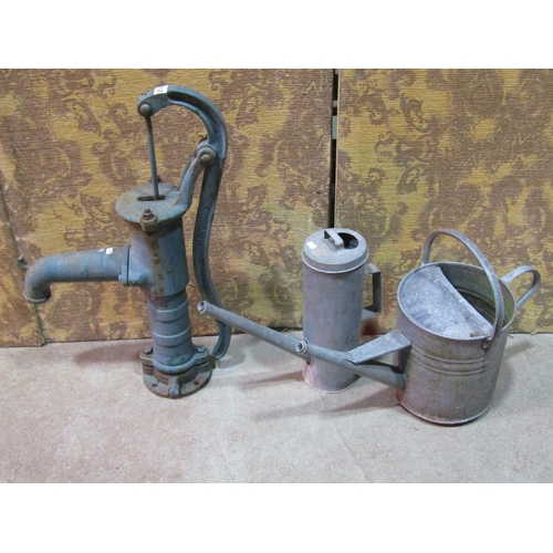 2142 - Vintage cast iron water pump together with two galvanised  watering cans (3)