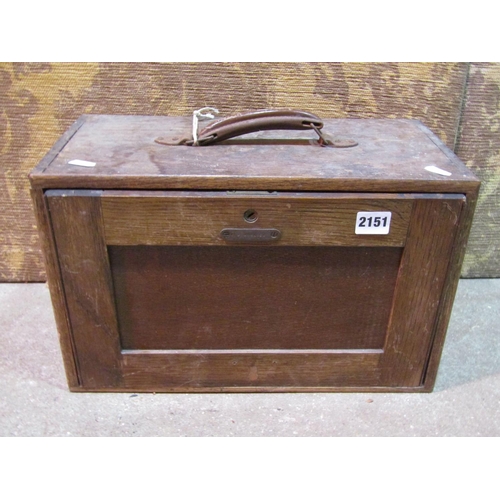 2151 - A small vintage portable oak engineers tool box with panelled removeable fall front, enclosing four ... 