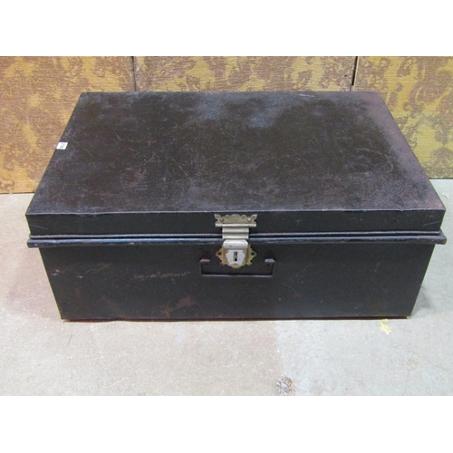 2168 - A vintage steel chest/trunk with hinged lid, drop side carrying handles and lasp, 95cm x 63cm x 37cm