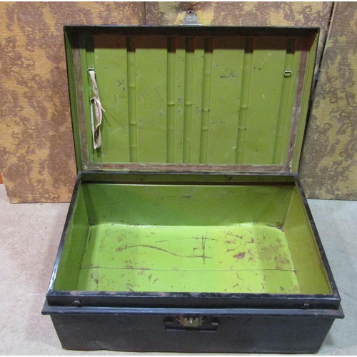 2168 - A vintage steel chest/trunk with hinged lid, drop side carrying handles and lasp, 95cm x 63cm x 37cm