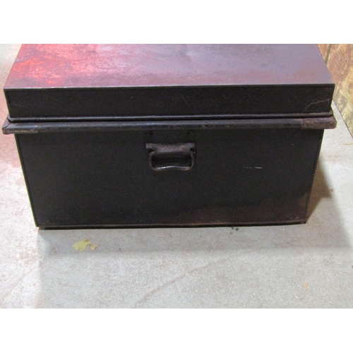 2168 - A vintage steel chest/trunk with hinged lid, drop side carrying handles and lasp, 95cm x 63cm x 37cm