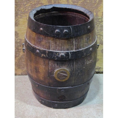 2171 - Vintage coopered oak and steel banded barrel (adapted as a log bin or stick stand) 46cm high