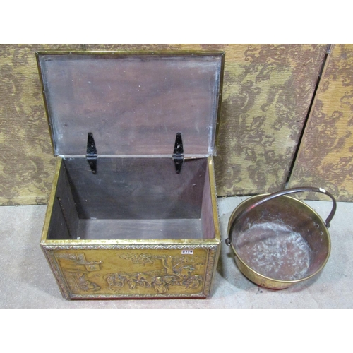 2174 - A large pressed brass coal bin with figural Tavern seen decoration together with a brass jam pan (2)