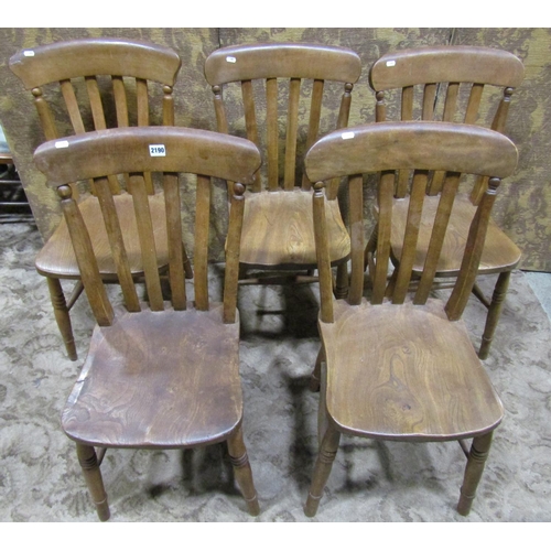 2190 - A harlequin set of elm seat lathe back kitchen chairs, with saddle shaped seats