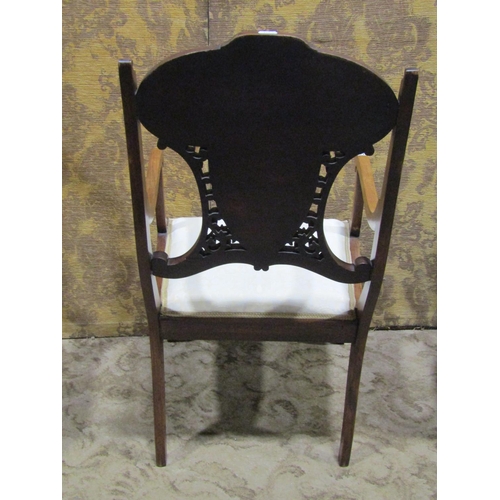 2192 - Three Edwardian lightweight chairs, two with inlaid detail, the other with open arms and swept sabre... 