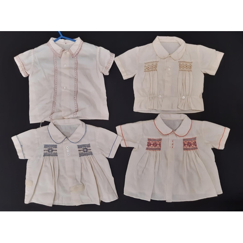 434 - Collection of vintage baby clothes and household linen including 3 handmade smocked woollen shirts, ... 