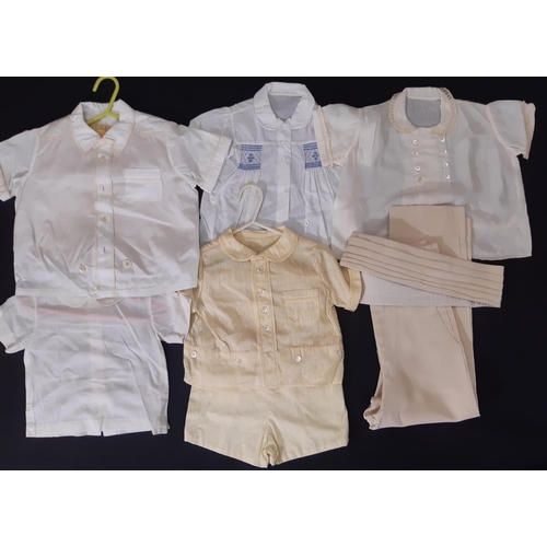 434 - Collection of vintage baby clothes and household linen including 3 handmade smocked woollen shirts, ... 