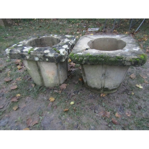 2044 - Pair of unusual weathered cast composition stone garden planters of tapered form, approx 50cm square... 