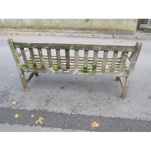 2051 - R A Lister three seat teak bench with slatted seat and back, 159cm long