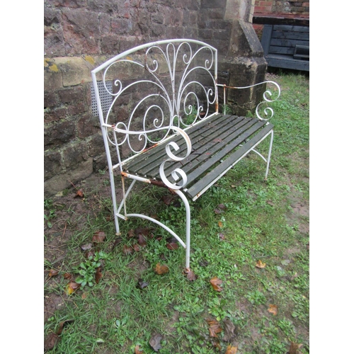 2057 - White light metal painted tubular framed folding two seat garden bench with weathered wooden slatted... 