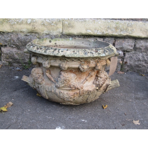 2094 - A Victorian buff coloured terracotta garden urn, with flared egg and dart rim, repeating raised reli... 