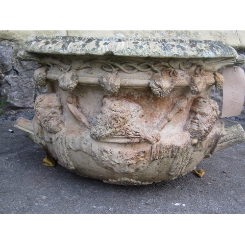 2094 - A Victorian buff coloured terracotta garden urn, with flared egg and dart rim, repeating raised reli... 