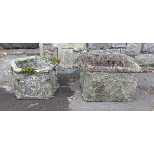 2095 - Two  weathered cast composition stone old English style planters, one an unusual pentagon shaped exa... 