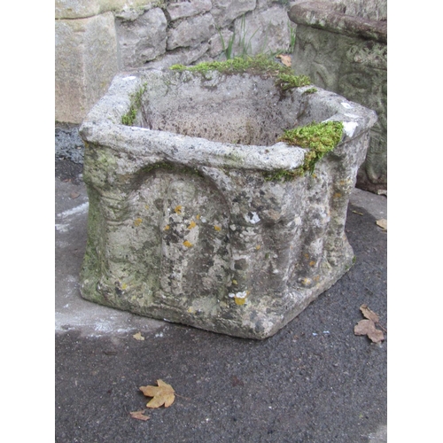 2095 - Two  weathered cast composition stone old English style planters, one an unusual pentagon shaped exa... 