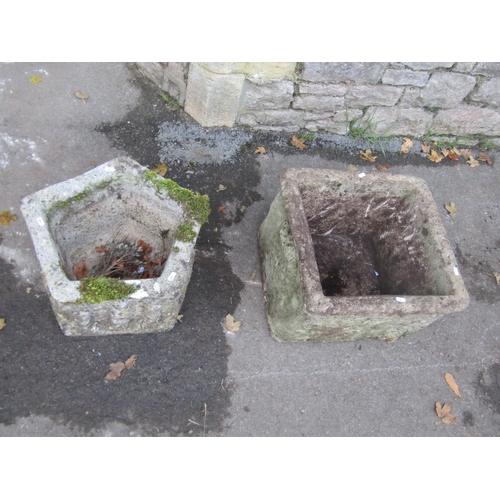 2095 - Two  weathered cast composition stone old English style planters, one an unusual pentagon shaped exa... 