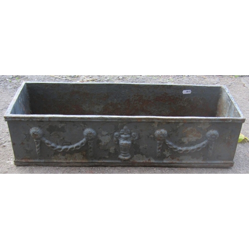 2098 - A vintage weathered rectangular cast iron planter with classical raised relief swag and urn detail, ... 