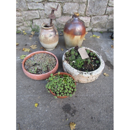 2119 - Salt glazed stoneware flagon stamped Dowle & co Chepstow (af) together with a weathered squat circul... 