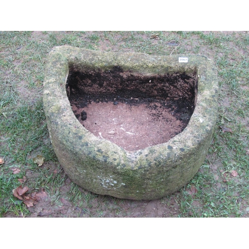 2067 - A good weathered imitation natural stone D end trough with cut out channel, 60cm x 50cm x 25cm high