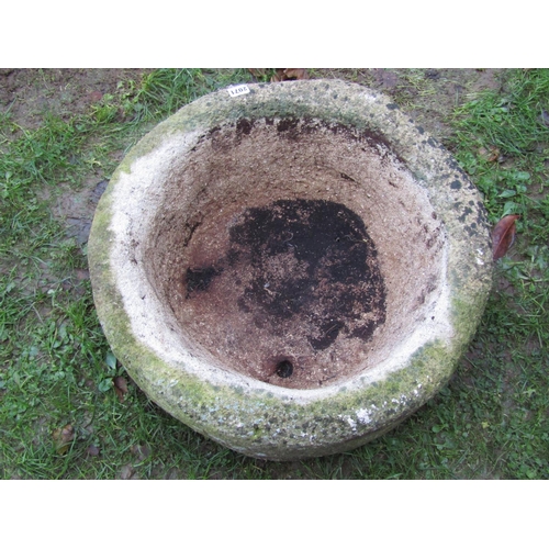 2071 - A good weathered imitation stone trough squat circular form 57cm diameter x 24cm high