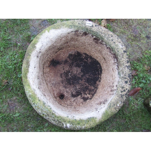 2071 - A good weathered imitation stone trough squat circular form 57cm diameter x 24cm high