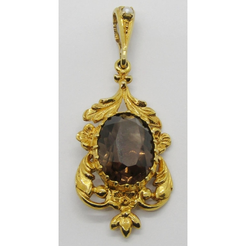 1353 - 1970s Victorian style 9ct smoky topaz pendant with floral detail and pearl set bale, 4.4cm L, 4.2g