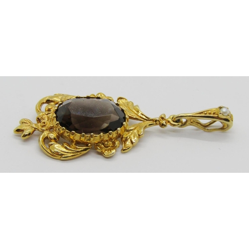 1353 - 1970s Victorian style 9ct smoky topaz pendant with floral detail and pearl set bale, 4.4cm L, 4.2g