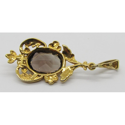 1353 - 1970s Victorian style 9ct smoky topaz pendant with floral detail and pearl set bale, 4.4cm L, 4.2g