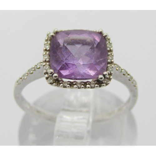 1357 - 18ct white gold square amethyst and diamond ring, size K, 2.4g