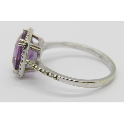 1357 - 18ct white gold square amethyst and diamond ring, size K, 2.4g