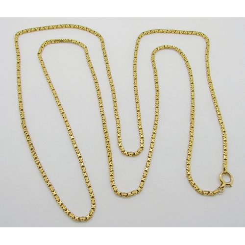 1358 - Antique yellow metal long guard chain, 132cm L approx, 53.8g