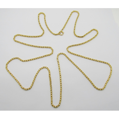 1358 - Antique yellow metal long guard chain, 132cm L approx, 53.8g