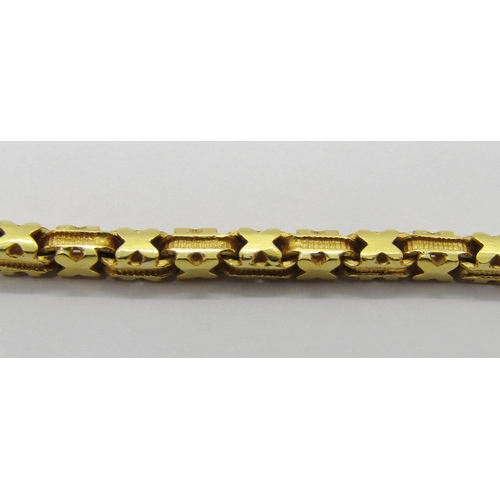 1358 - Antique yellow metal long guard chain, 132cm L approx, 53.8g