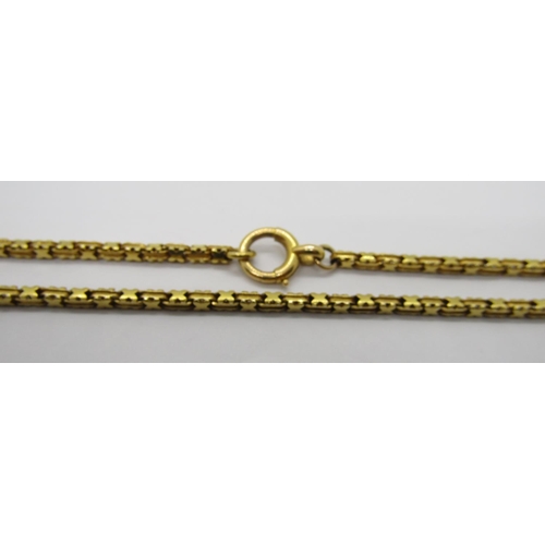 1358 - Antique yellow metal long guard chain, 132cm L approx, 53.8g