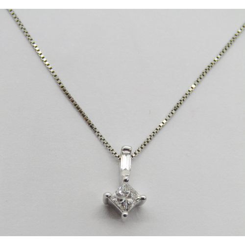 1360 - 950 platinum diamond pendant necklace, the pendant set with a princess-cut and a baguette-cut diamon... 