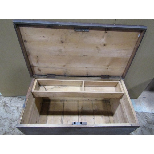 2181 - Old stained pine box with hinged lid and drop side carrying handles, 88cm long x 48cm wide x 46cm hi... 