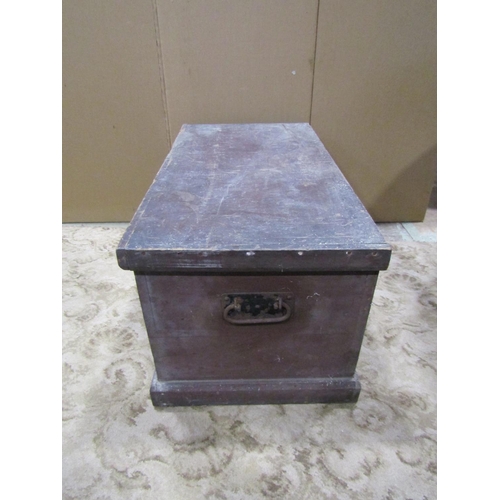 2181 - Old stained pine box with hinged lid and drop side carrying handles, 88cm long x 48cm wide x 46cm hi... 