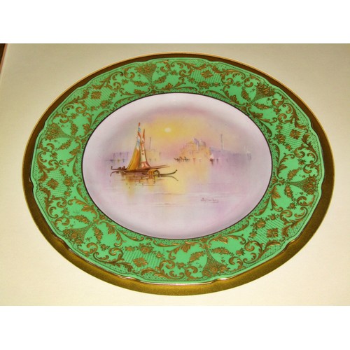 1060 - A framed Royal Doulton plate, boats in the lagoon, Venice, signed J Bailey, a porcelain relief of a ... 