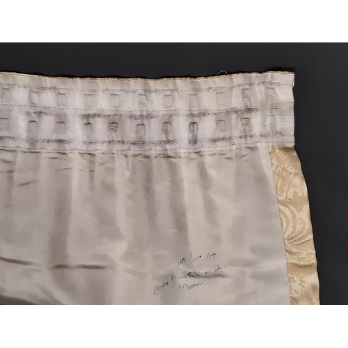 401 - One pair of very large heavyweight curtains in pale gold damask with pencil pleat heading, lined and... 