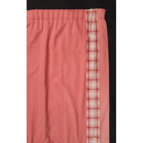 Pair of very thick pink wool curtains edged in gingham, lined and thermal lined with pencil pleat heading, approx 215 drop x 196cms wide (per curtain) plus gingham tie backs (heading tape is AF)