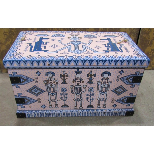 2210 - A decorative over-painted blanket box, decorated with Aztec type figural motifs, 88 x 52cm, 47cm hig... 