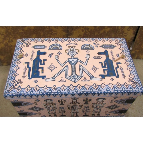 2210 - A decorative over-painted blanket box, decorated with Aztec type figural motifs, 88 x 52cm, 47cm hig... 