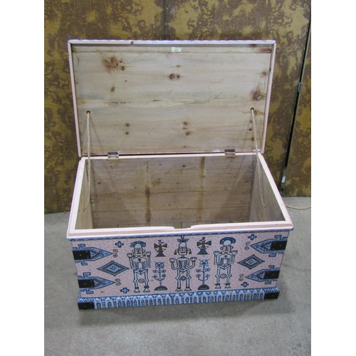 2210 - A decorative over-painted blanket box, decorated with Aztec type figural motifs, 88 x 52cm, 47cm hig... 