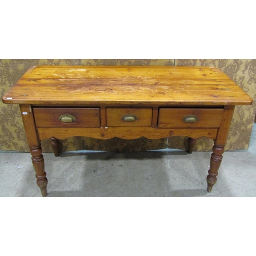 2217 - Victorian stained pine kitchen work or side table, the rectangular top with rounded corners over thr... 